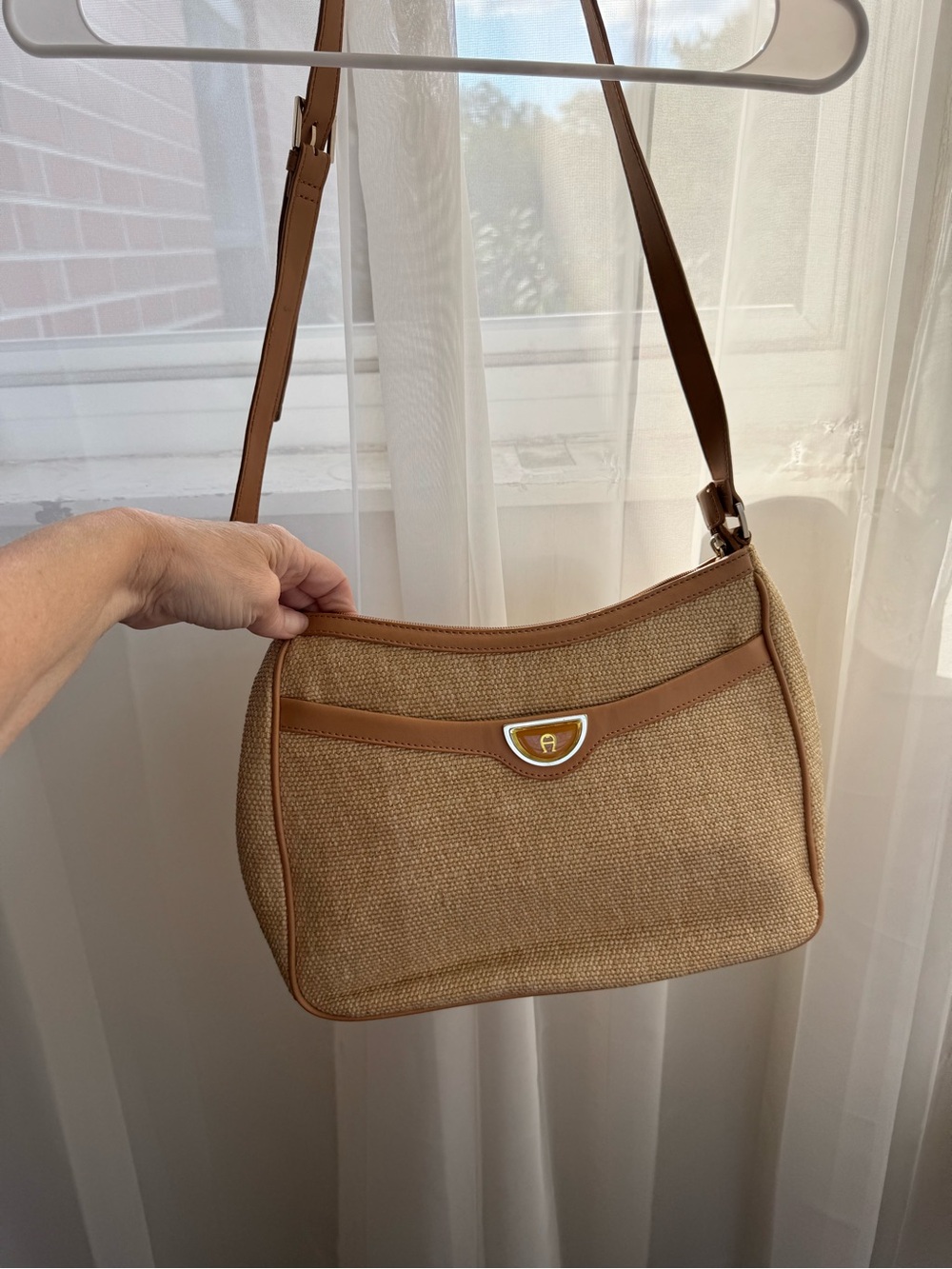 Etienne Aigner Tan Woven Jute Shoulder Bag with Leather Trim